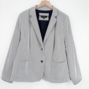 Talbots Navy White Stripe Blazer 16 Plus EUC Seersucker Nautical Coastal Career